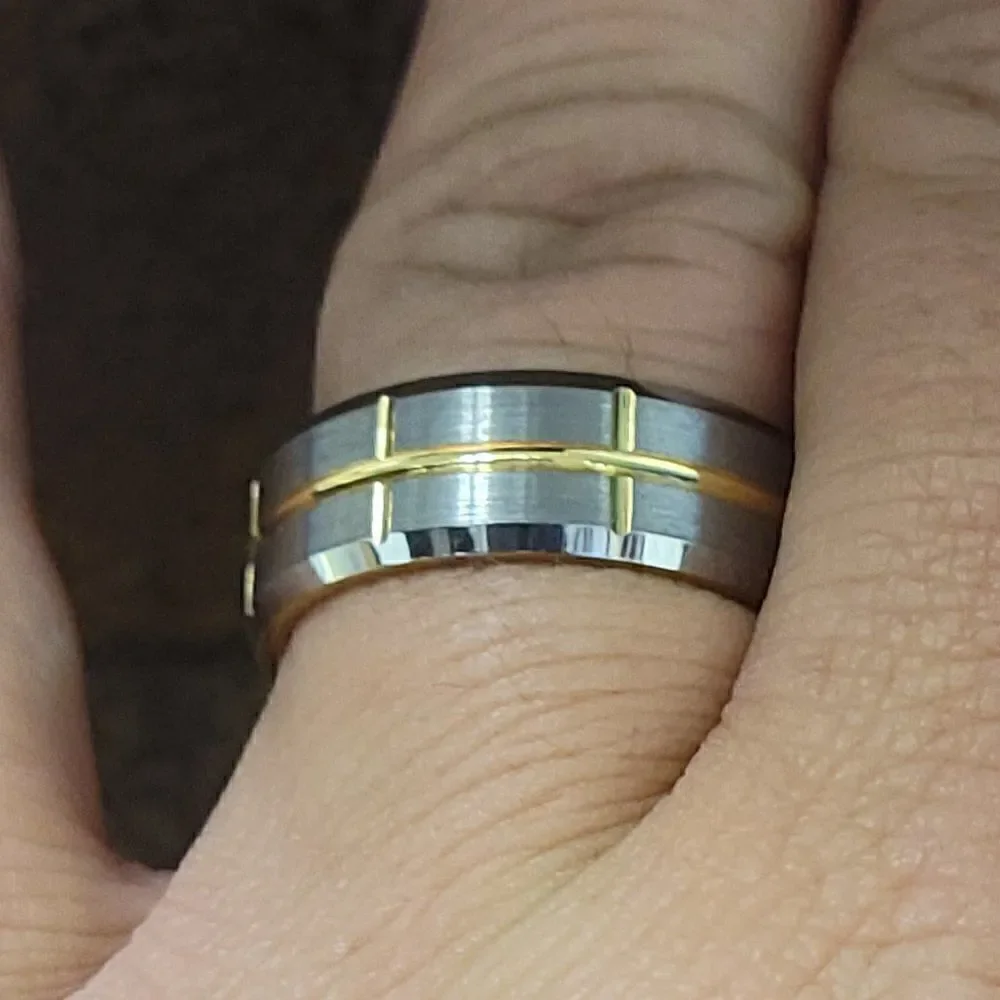 Men's Real Tungsten Promise Ring Brushed Steel 14k Gold Grooves - Guy's Ring